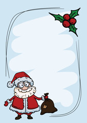 New Year and Christmas Greeting Card Vector Template with Cute Funny Santa Claus with Gift Bag