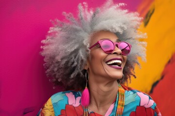Portrait of African American mature laughing woman with gray hair on bright colorful background.