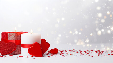Beautiful background with candles, hearts and sparkles. AI generated illustration.