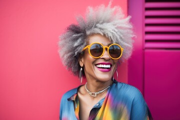 Portrait of African American mature laughing woman with gray hair on bright colorful background. - Powered by Adobe