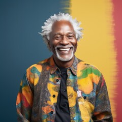Portrait of African American mature laughing man with gray hair on bright colorful background.