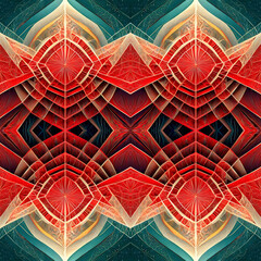 Diseño abstracto, patrón sin costuras en tonos rojos y verdes.Simetría - obrazy, fototapety, plakaty