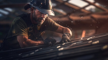 A construction worker is carefully repairing the roof of a house - obrazy, fototapety, plakaty