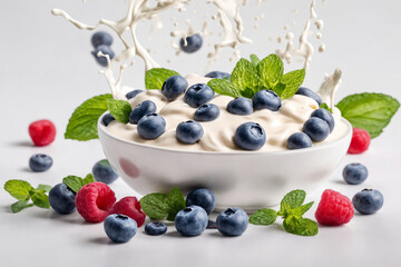 Fresh Raspberry, blueberries splashing into milk or yogurt. Generative Ai.