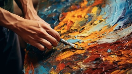A macro shot of an artist's hand applying layers of oil paint with a palette knife, creating a...