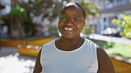 Joyful, confident african american woman standing and smiling outdoors in the city park