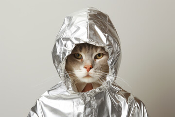 Cat in Foil Hat, Conspiracy Theory Concept, Security Tinfoil Cap on Cats Head - obrazy, fototapety, plakaty