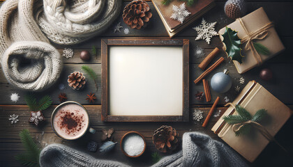 A hyper-realistic 4k flatlay photo with a winter theme, featuring a composition with an empty space in the center at the wooden table