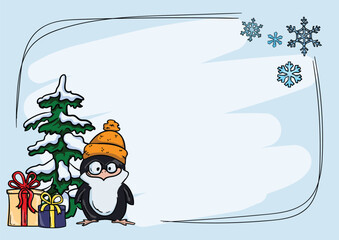 New Year and Christmas Greeting Card Vector Template with Cute Funny Penguin, Gifts, Christmas Tree and Snowflakes
