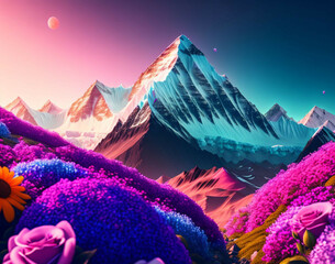 snow Mountain with colorful pink flowers