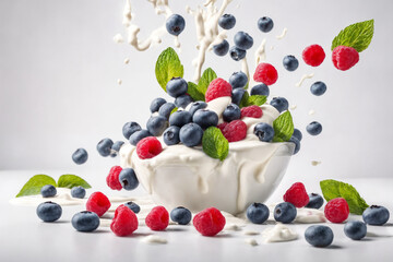 Fresh Raspberry, blueberries splashing into milk or yogurt. Generative Ai.