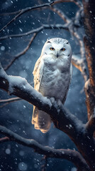 Snow Owl Perched on a Winter-Clad Tree Branch at Night