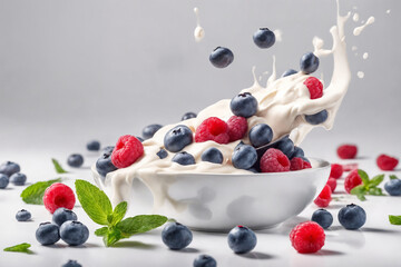 Fresh Raspberry, blueberries splashing into milk or yogurt. Generative Ai.