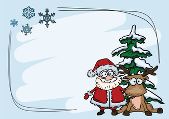 New Year and Christmas Greeting Card Vector Template with Cute Funny Reindeer and Santa, Christmas Tree and Snowflakes