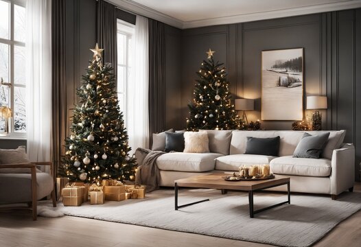 ein sch&ouml;n eingerichtetes Wohnzimmer mit Weihnachtsb&auml;umen