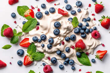 Mix of fresh berries in the yoghurt or cream. Generative Ai.