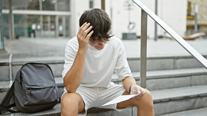 Cool, young hispanic university student lost in thought while casually reading document, sitting on campus stairs outdoors