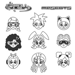 Set of Y2K retro 90s mascots on a white background. Cool cartoon futuristic characters. Vector templates for logo, icon, prints, stickers and stamps.