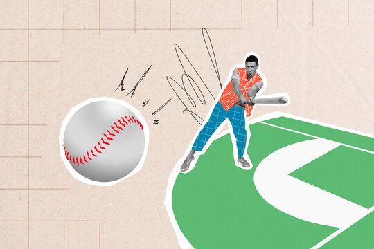 Poster image collage of professional player playing baseball game isolated on painted background