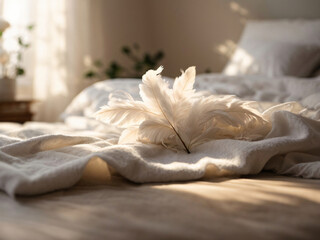 Fototapeta na wymiar white blanket on the table with white feather Ai Generative