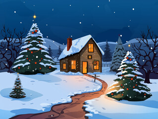 Christmas atmosphere, Christmas tree, winter snow, presents in boxes. Postcard style.