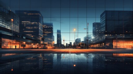 A minimalist urban scene with modern architecture, reflective glass buildings, and the glow of...