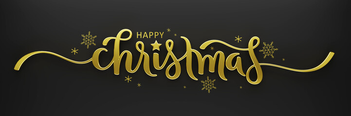 3D render of metallic gold HAPPY CHRISTMAS brush calligraphy banner on black background with gold snowflakes