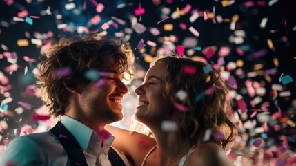Romantic and happy wedding of the bride and groom at the wedding ceremony with scattered confetti, streamers of paper