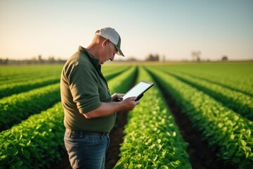 Agronomist Uses Tablet In An Agricultural Field - obrazy, fototapety, plakaty