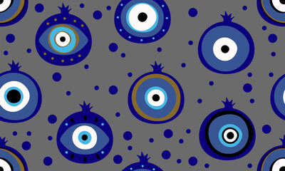 Pomegranate Turkish eye seamless pattern. Evil eye garnet seamless pattern vector illustration. Vector illustration of pomegranate fruit. Traditional protection amulet background, melting blue eyes