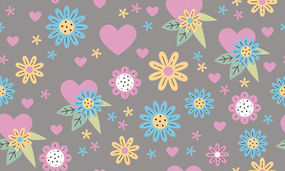Fototapeta na wymiar Seamless pattern with flowers and hearts. Cute background