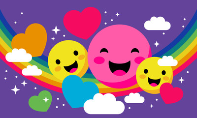 Retro hearts and positive emotions on rainbow sky background in trendy y2k psychedelic style. Super cute design