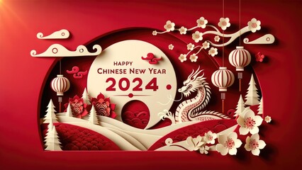 Chinese New Year background. with Zodiac Year of the Dragon Chinese new year theme decoration with Chinese lantern, plum blossom and auspicious clouds in paper cut style.