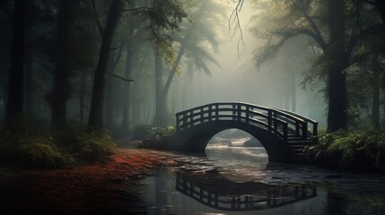 A mist-covered bridge leading into a mysterious forest, with tall trees and fog creating an...