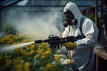 Exterminator In Protective Gear Spraying Pesticide Selectively