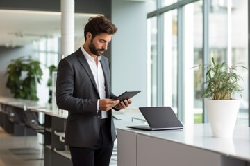 Fototapeta na wymiar Businessman using laptop and smartphone gadget in office