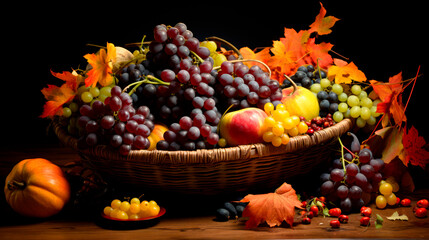 Naklejka na ściany i meble Eye-catching still life of a wicker basket full of grapes and apples.