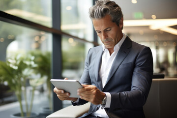 Businessman using laptop and smartphone gadget in office