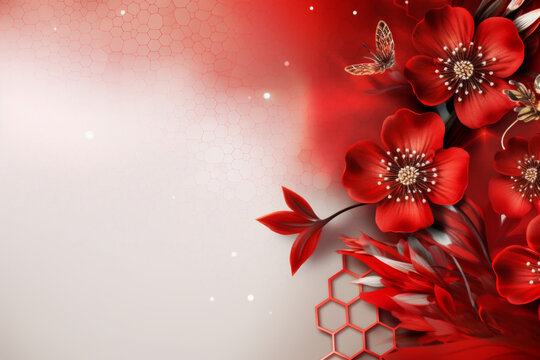 red flowers on a blurred background with imitation of honeycombs
