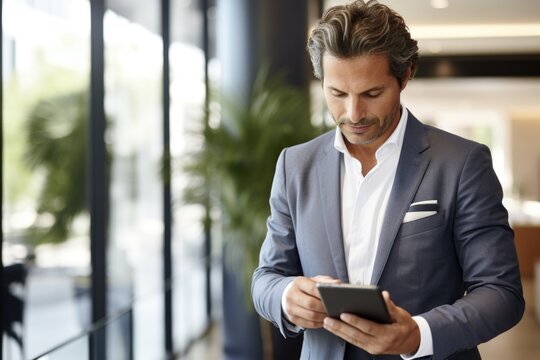 Businessman using laptop and smartphone gadget in office