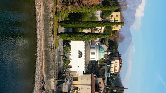 Chapel of Villa Melzi. The noble chapel of Villa Melzi is part of the complex of Villa Melzi d'Eril in Bellagio, Como. A delightful church, in the middle of majestic grounds. Vertical video drone