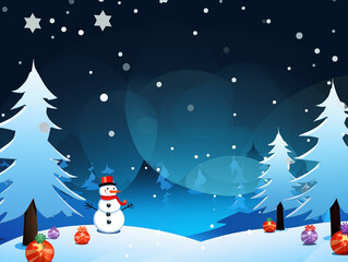 Snowman falling snow and New Year atmosphere, Christmas tree, snow. Postcard style.