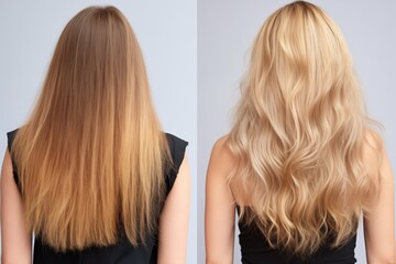 Studio Shot Of Womans Frizzy And Heatdamaged Hair, Before And After Keratin Treatment Balayage Highlights On Long Blond Hair