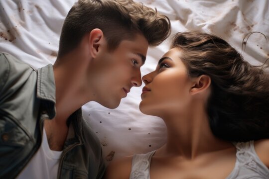 Beautiful happy young couple lying on bed and hugging, have a deep conversation with your partner in bed