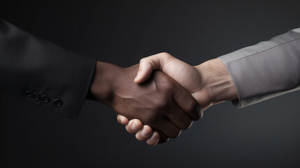 Close up of two business people shaking hands on black background. Partnership concept. Handshake. Successful negotiating business concept. 
