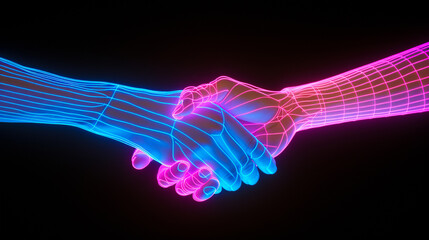Handshake of two people, blue and pink neon light. 3D rendering.
Partnership concept. Successful negotiating business concept. 
