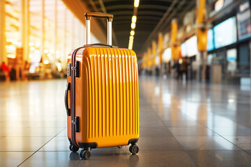 Traveling luggage in airport terminal with passenger plane flying station