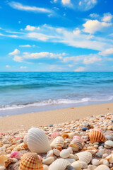Fototapeta na wymiar Orilla de la playa llena de conchas y caracolas. 