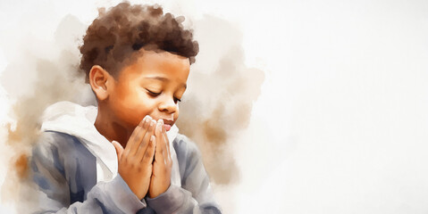 Black Afro child in prayer Illustration - Children, Diversity and Religion Concept Art - Abstract brush strokes - Painted on white Canvas
