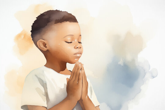 Cute African boy in prayer Illustration - Children, Diversity and Religion Concept Art - Abstract brush strokes - Painted on white Canvas